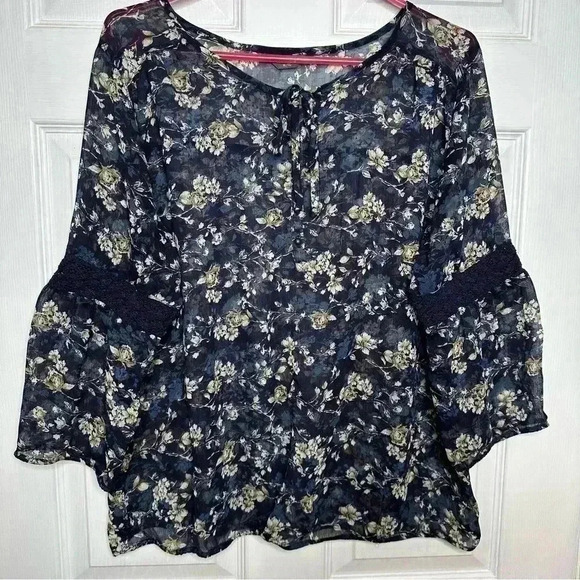 Denver Hayes  Boho Blouse Sheet Flowy Floral Blue/White/Brown Size Extra Large - Picture 1 of 16
